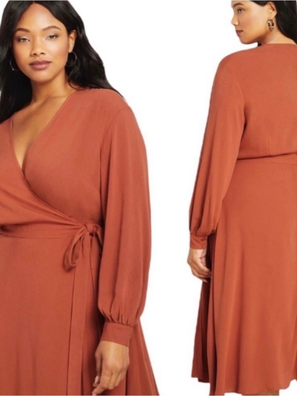 Eloquii Terracotta Wrap Midi Dress with Tie Waist
